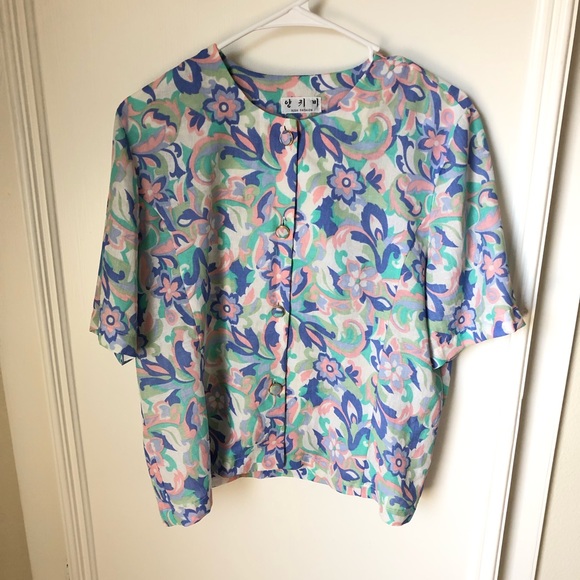 Vintage Vtg Pastel Floral Button Cropped Blouse Large L Easter - Picture 1 of 7